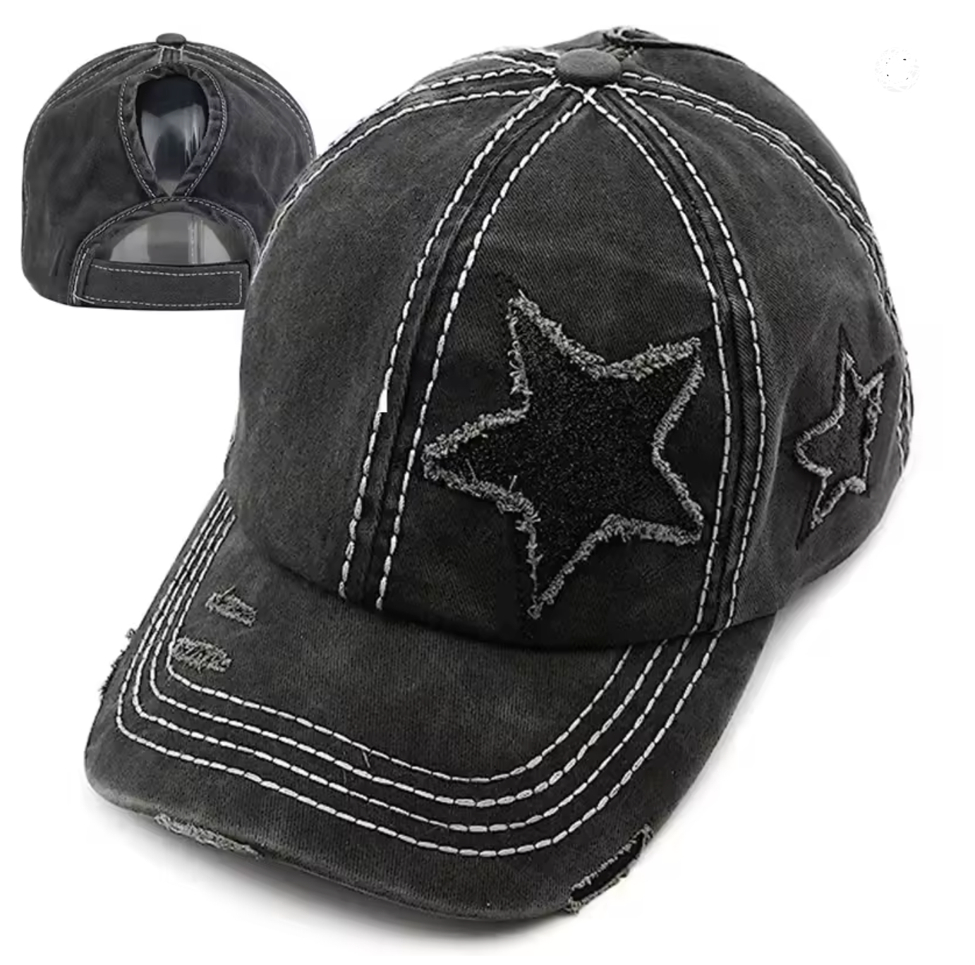 Unisex Vintage Star Hat – Black Washed, Adjustable Strap