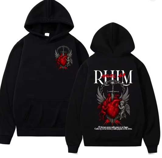 Black Gothic Streetwear Hoodie – Red Heart Angel Back Print