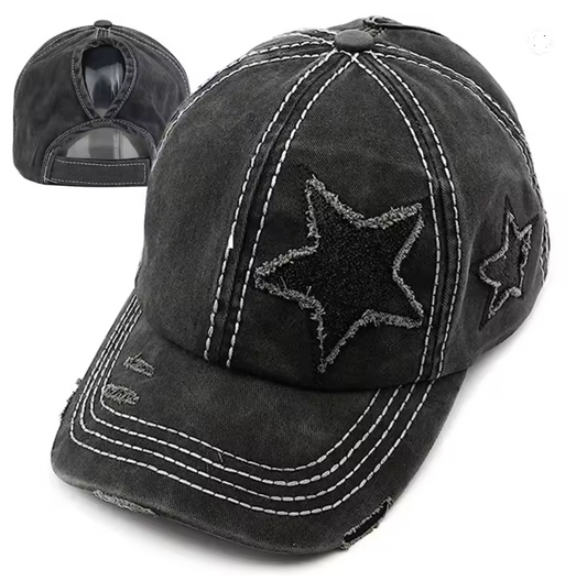 Unisex Vintage Star Hat – Black Washed, Adjustable Strap